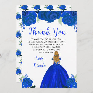 Blonde Hair Princess Blue Floral Birthday Party Thank You Card