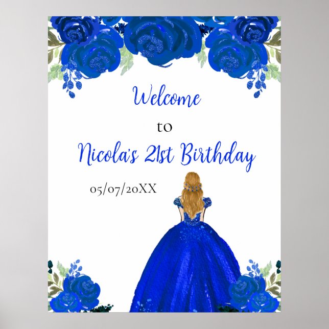 Blonde Hair Princess Blue Floral Birthday Welcome Poster (Front)