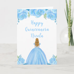 Blonde Hair Princess Blue Floral Quinceanera Card