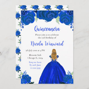 Blonde Hair Princess Blue Floral Quinceanera Invitation