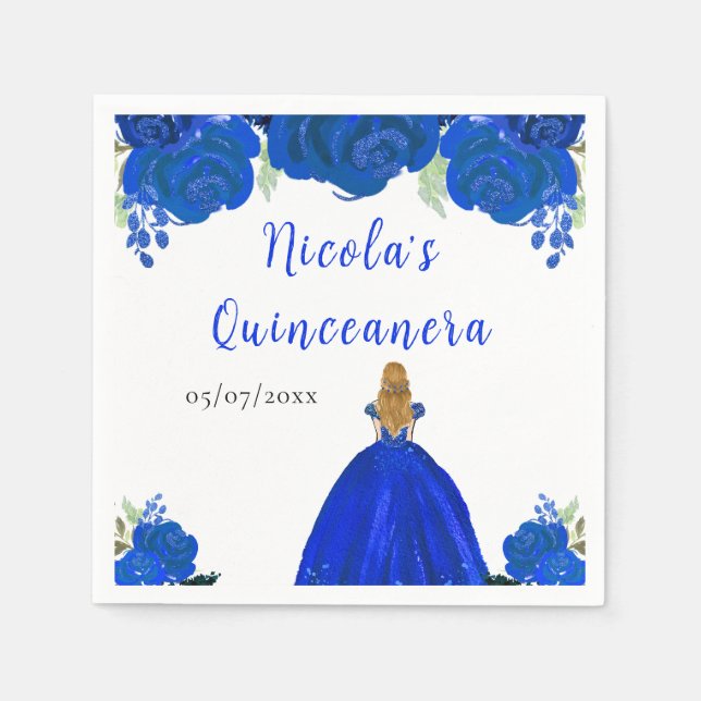 Blonde Hair Princess Blue Floral Quinceanera Napkin (Front)