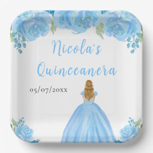 Blonde Hair Princess Blue Floral Quinceanera Paper Plate