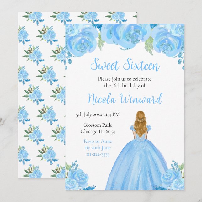 Blonde Hair Princess Blue Floral Sweet Sixteen Invitation (Front/Back)