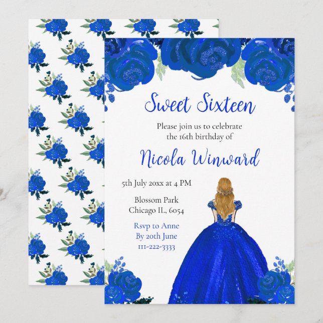 Blonde Hair Princess Blue Floral Sweet Sixteen Invitation (Front/Back)