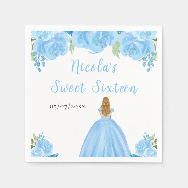 Blonde Hair Princess Blue Floral Sweet Sixteen  Napkin (Front)