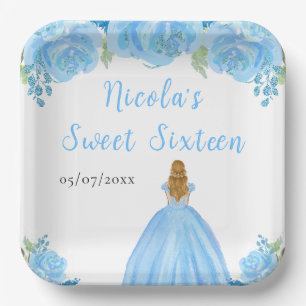 Blonde Hair Princess Blue Floral Sweet Sixteen  Paper Plate
