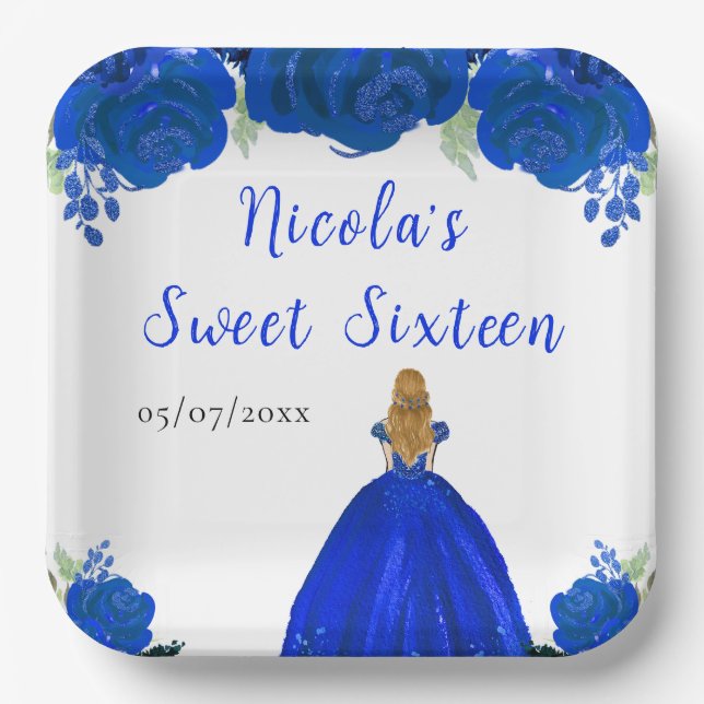 Blonde Hair Princess Blue Floral Sweet Sixteen  Paper Plate (Front)