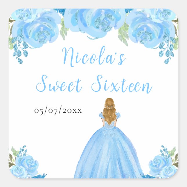 Blonde Hair Princess Blue Floral Sweet Sixteen  Square Sticker (Front)