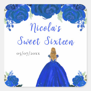 Blonde Hair Princess Blue Floral Sweet Sixteen Square Sticker