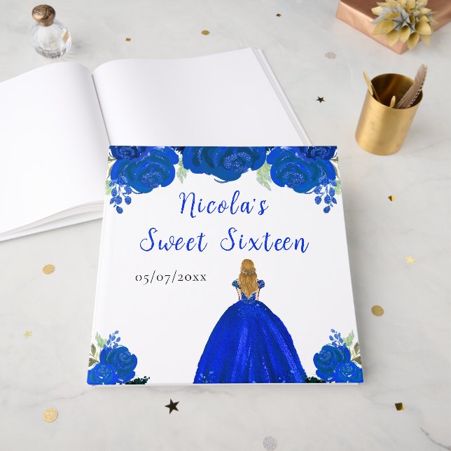 Blonde Hair Princess Blue Sweet Sixteen Guest Book (Front Open)