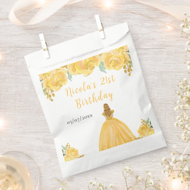 Blonde Hair Princess Gold Floral Birthday Party Favour Bags (Clipped)