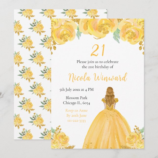 Blonde Hair Princess Gold Floral Birthday Party Invitation (Front/Back)