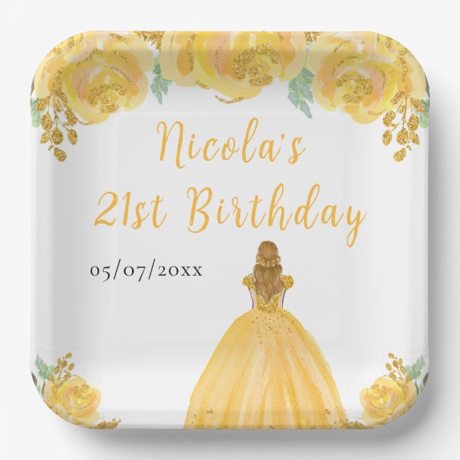Blonde Hair Princess Gold Floral Birthday Party Paper Plate (Front)