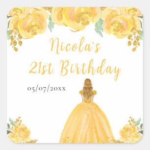 Blonde Hair Princess Gold Floral Birthday Party Square Sticker