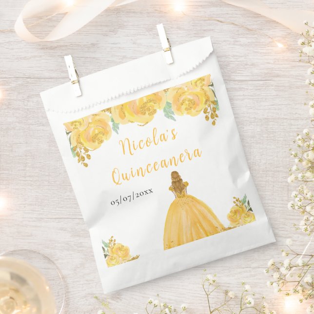 Blonde Hair Princess Gold Floral Quinceanera Favour Bags (Clipped)