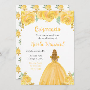 Blonde Hair Princess Gold Floral Quinceanera Invitation