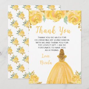Blonde Hair Princess Gold Floral Quinceanera Thank You Card
