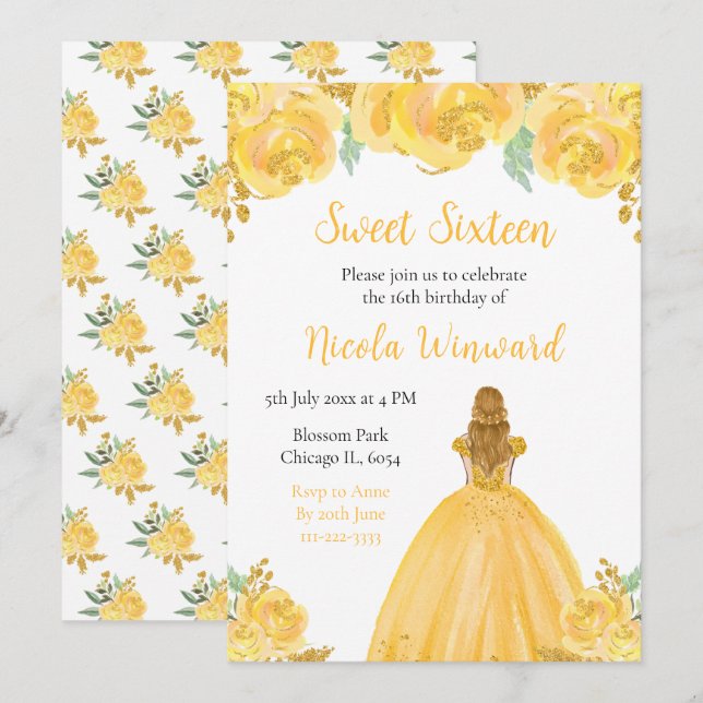 Blonde Hair Princess Gold Floral Sweet Sixteen Invitation (Front/Back)
