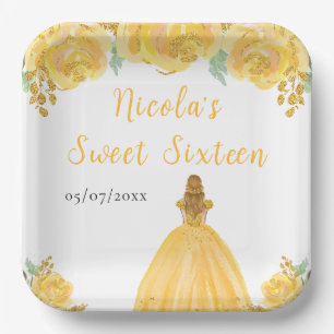Blonde Hair Princess Gold Floral Sweet Sixteen  Paper Plate