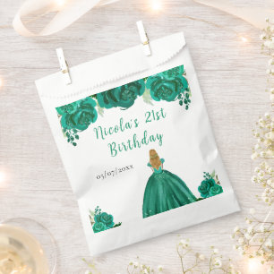 Blonde Hair Princess Green Floral Birthday Party Favour Bags