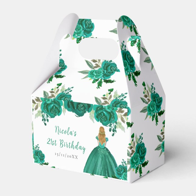 Blonde Hair Princess Green Floral Birthday Party Favour Box (Front Side)