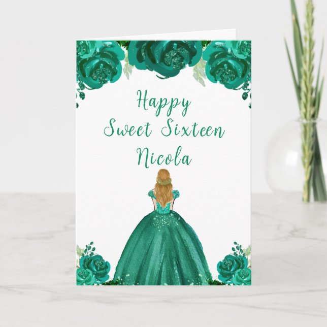 Blonde Hair Princess Green Floral Sweet Sixteen  Card (Front)