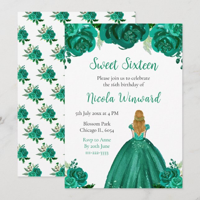 Blonde Hair Princess Green Floral Sweet Sixteen Invitation (Front/Back)