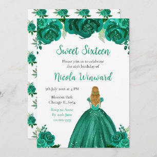 Blonde Hair Princess Green Floral Sweet Sixteen Invitation
