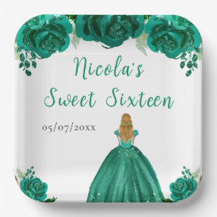 Blonde Hair Princess Green Floral Sweet Sixteen Paper Plate