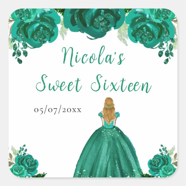 Blonde Hair Princess Green Floral Sweet Sixteen  Square Sticker (Front)