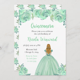 Blonde Hair Princess Mint Floral Quinceanera Invitation