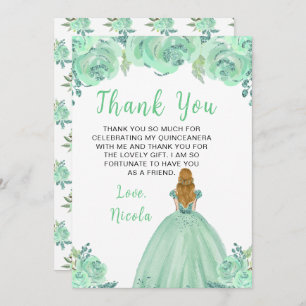 Blonde Hair Princess Mint Floral Quinceanera Thank You Card