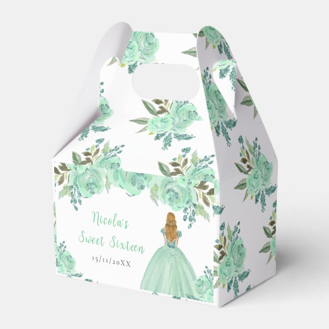 Blonde Hair Princess Mint Floral Sweet Sixteen Favour Box (Front Side)