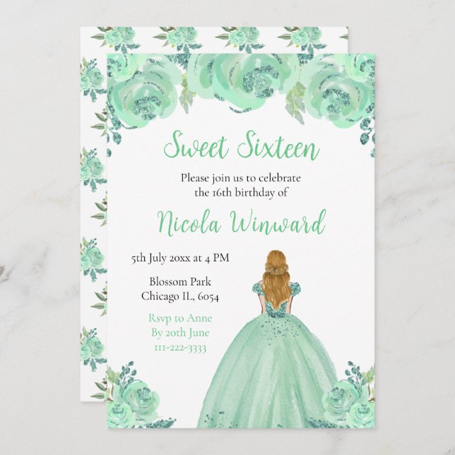 Blonde Hair Princess Mint Floral Sweet Sixteen Invitation (Front/Back)