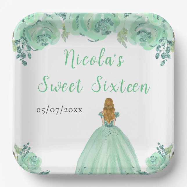 Blonde Hair Princess Mint Floral Sweet Sixteen  Paper Plate (Front)