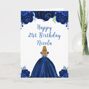 Blonde Hair Princess Navy Floral Birthday Party Card