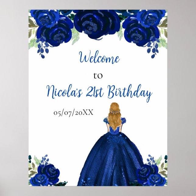 Blonde Hair Princess Navy Floral Birthday Welcome Poster (Front)
