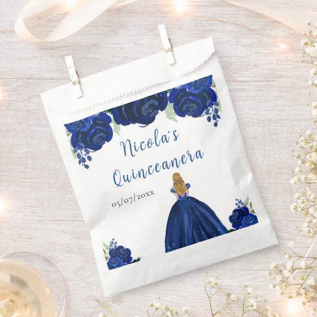 Blonde Hair Princess Navy Floral Quinceanera Favour Bags (Clipped)