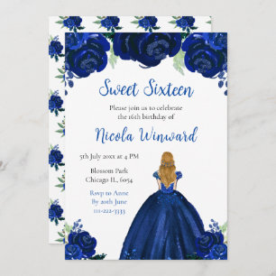 Blonde Hair Princess Navy Floral Sweet Sixteen Invitation