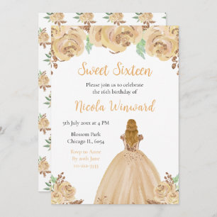 Blonde Hair Princess Peach Floral Sweet Sixteen Invitation