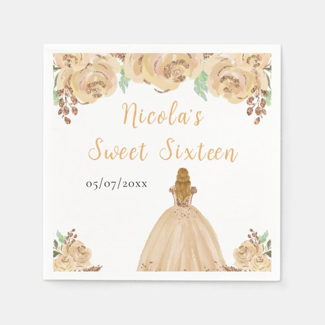 Blonde Hair Princess Peach Floral Sweet Sixteen  Napkin (Front)