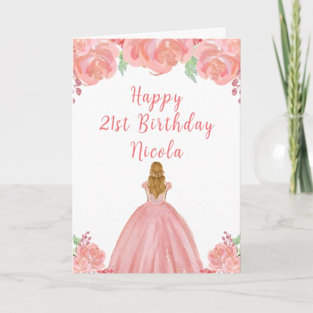 Blonde Hair Princess Pink Floral Birthday Party Card (Front)