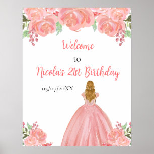 Blonde Hair Princess Pink Floral Birthday Welcome Poster