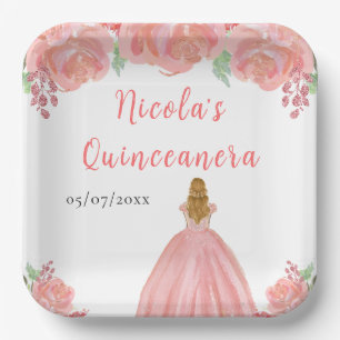 Blonde Hair Princess Pink Floral Quinceanera Paper Plate