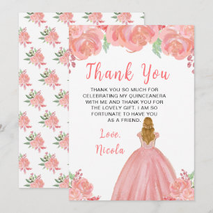 Blonde Hair Princess Pink Floral Quinceanera Thank You Card