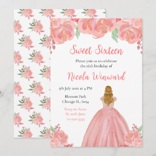 Blonde Hair Princess Pink Floral Sweet Sixteen Invitation