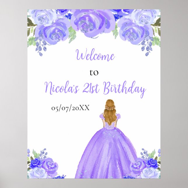 Blonde Hair Princess Purple Birthday Welcome Poster (Front)