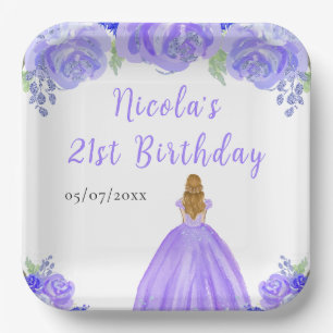 Blonde Hair Princess Purple Floral Birthday Party Paper Plate