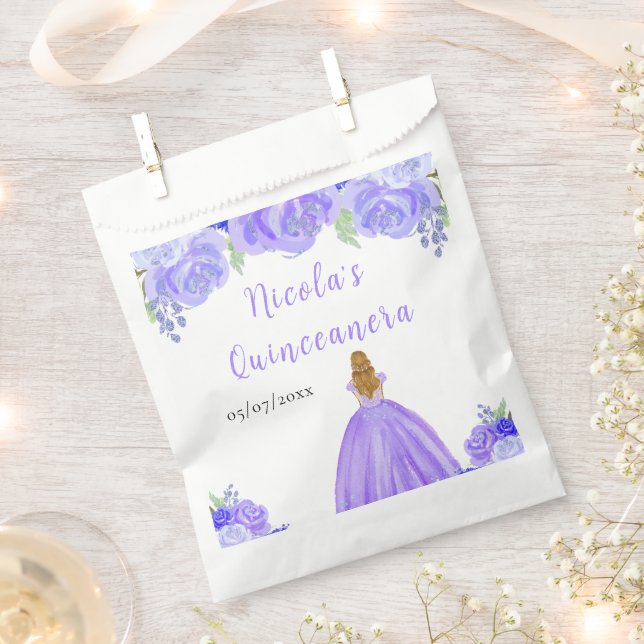 Blonde Hair Princess Purple Floral Quinceanera Favour Bags (Clipped)