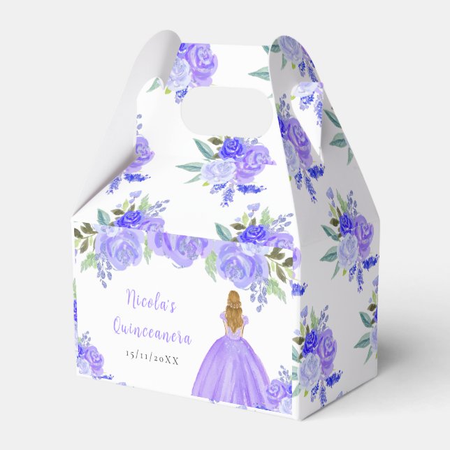 Blonde Hair Princess Purple Floral Quinceanera Favour Box (Front Side)